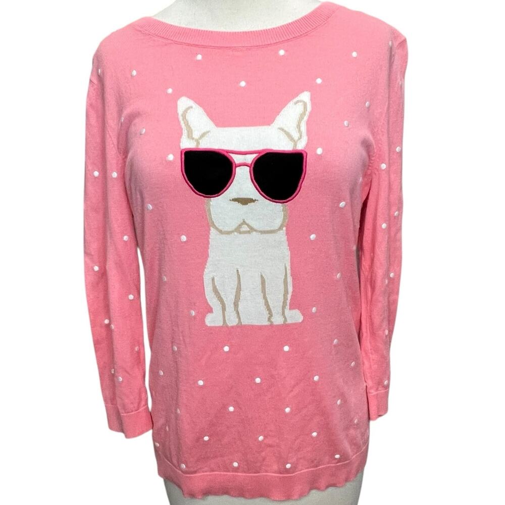 Talbots Sweater Womens M Pink Embroidered Novelty Dog Frenchie‎ Preppy Feminine